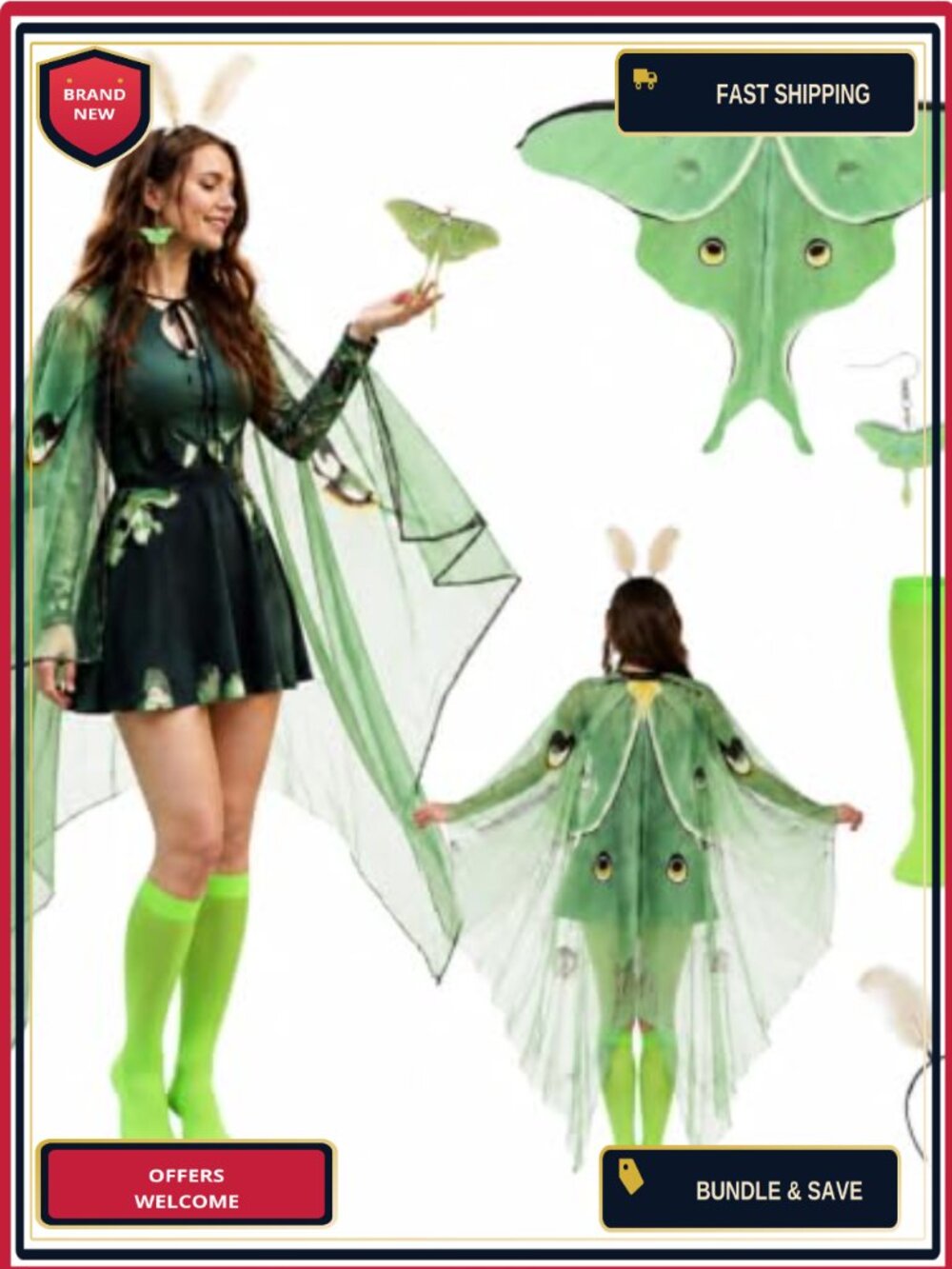 Luna Moth Wings Set Antenna Headband Earrings Socks Cosplay
